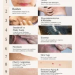 Pinterest infographic titled “Skin Issues & What They Mean” by Dr. Christina Carlyle showing common skin conditions including acne, rashes, hyperpigmentation, dandruff, eczema, psoriasis, skin tags, cherry angiomas, texture changes, and white spots, with notes about what these skin issues may reveal about gut health, liver function, hormones, detox, inflammation, and nutrient deficiencies.