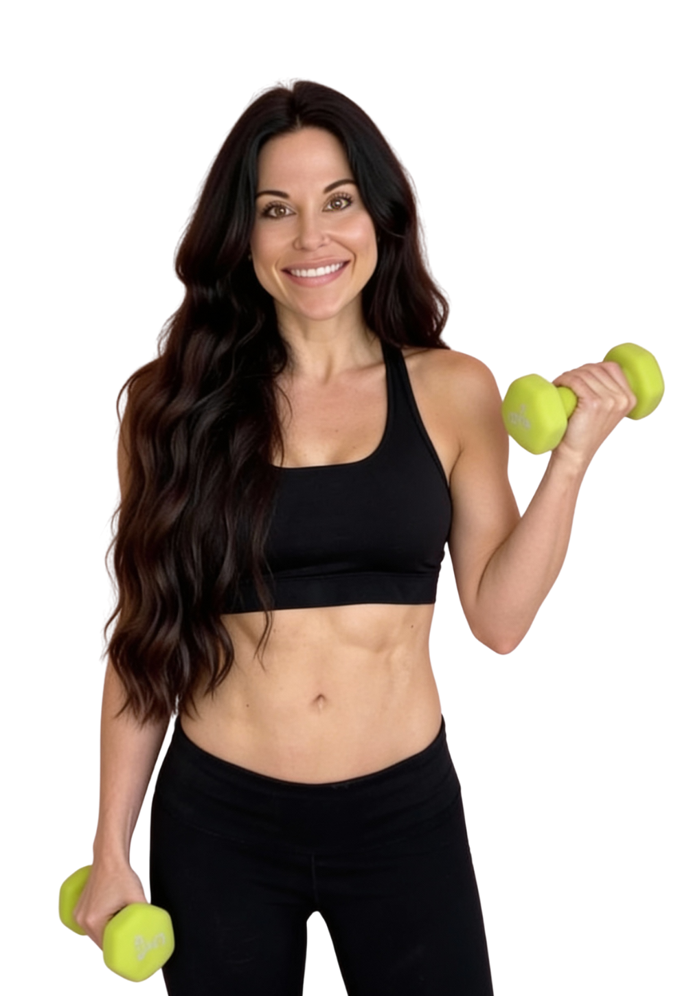 Personal trainer Dr. Christina Carlyle smiling while holding green dumbbells, wearing a black sports bra and leggings against a white background, showcasing a fit and confident physique
