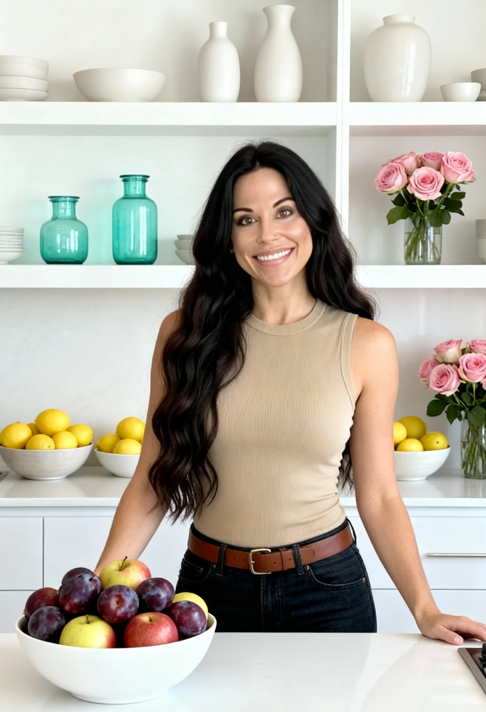 Dr. Christina Carlyle smiling in a bright kitchen, wearing a neutral sleeveless top and jeans, standing in front of shelves with glass jars, flowers, and fresh lemons, representing healthy lifestyle and functional nutrition expertise