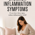 Pinterest pin for Dr. Christina Carlyle about stomach inflammation symptoms, featuring a woman holding her stomach with text encouraging readers to learn the signs of gut inflammation and how to reduce inflammation.