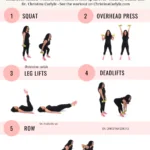 AMRAP full body workout infographic featuring Dr. Christina Carlyle demonstrating squat, overhead press, leg lifts, deadlifts, and row