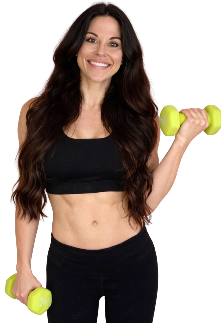 Personal trainer Dr. Christina Carlyle smiling while holding green dumbbells, wearing a black sports bra and leggings against a white background, showcasing a fit and confident physique