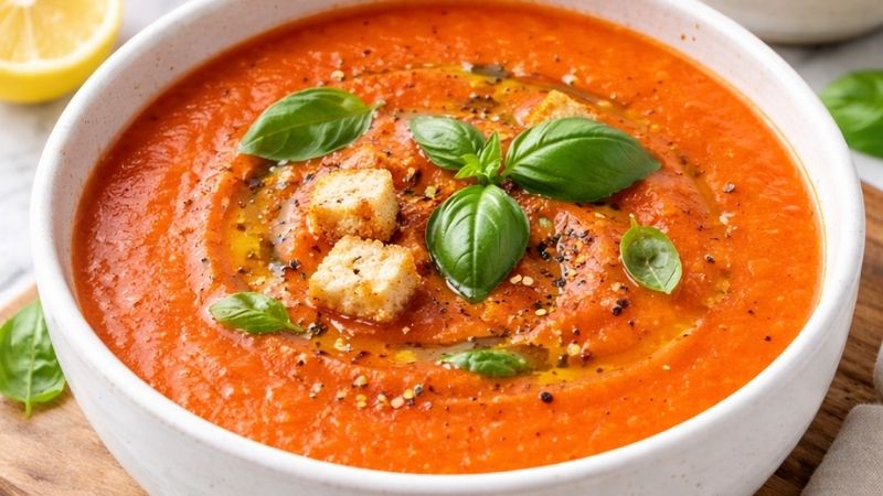 Close up of creamy tomato soup in a white bowl topped with basil leaves, croutons, olive oil, and black pepper on a wooden board.