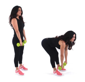Dr. Christina Carlyle performing a dumbbell deadlift with a hip hinge and neutral spine