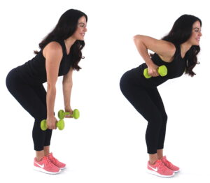 Dr. Christina Carlyle performing a dumbbell bent over row with a flat back and controlled pull