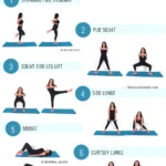 Infographic titled “Best Cellulite Exercises” featuring trainer Dr. Christina Carlyle demonstrating six lower body exercises on a blue mat: standing fire hydrant, plié squat, squat side leg lift, side lunge, glute bridge, and curtsy lunge. Each movement targets the glutes, thighs, and hips to help reduce the appearance of cellulite.