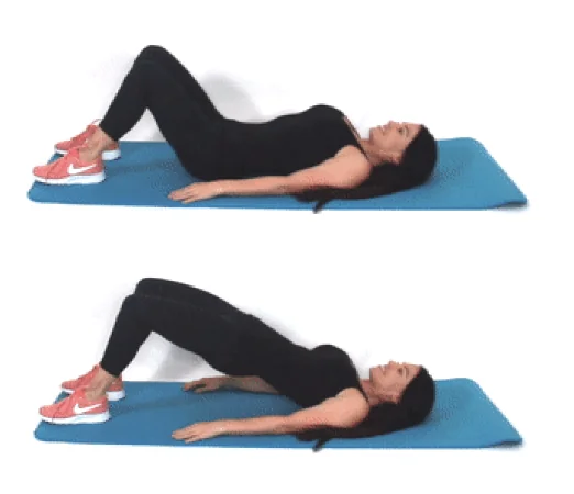 Glute Bridge Exercise For Cellulite - Dr. Christina Carlyle Dr. Christina Carlyle performing a glute bridge exercise for cellulite on a blue mat, lifting her hips to activate the glutes and support improved muscle tone.