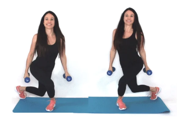Curtsy Lunge Exercise For Cellulite - Dr. Christina Carlyle Dr. Christina Carlyle holding dumbbells while performing a curtsy lunge on a blue mat to tone the glutes and inner thighs and improve lower body definition.
