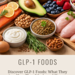 High resolution Pinterest graphic featuring GLP-1 foods including chia seeds, flaxseeds, oats, barley, avocado, berries, beans, lentils, wild caught salmon, pasture raised eggs, organic chicken, Greek yogurt, and almonds on a tan background with text overlay about supporting GLP-1 naturally with food.