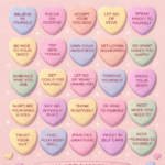 Infographic titled 25 Ways to Love Yourself by Dr. Christina Carlyle featuring pastel conversation heart candies with self love affirmations on a soft blush pink background.