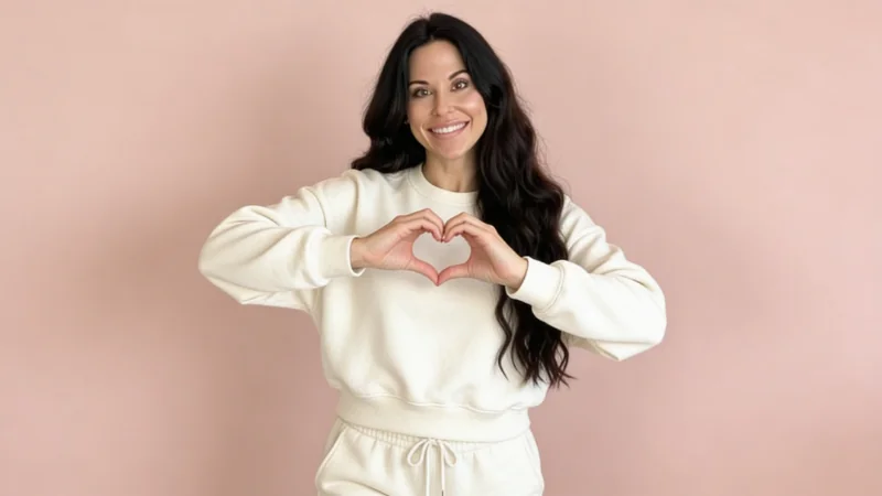 Dr. Christina Carlyle smiling in a cream lounge set, standing against a soft pink background and forming a heart shape with her hands.
