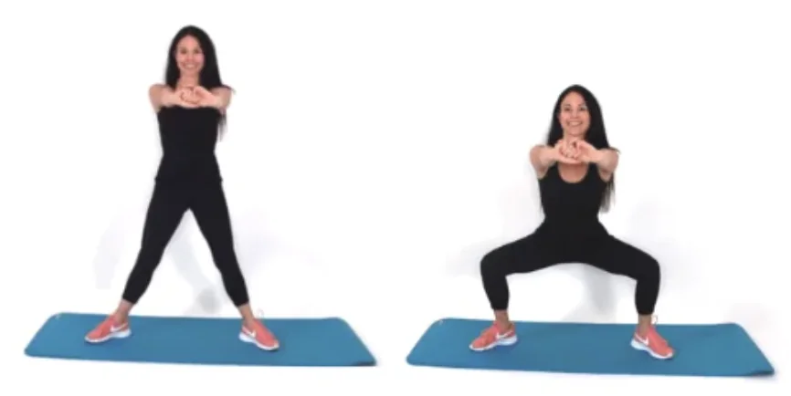 Plie Squat Exercise - Dr. Christina Carlyle Dr. Christina Carlyle performing a wide stance plié squat on a blue mat to target the inner thighs and glutes and boost circulation in the lower body.