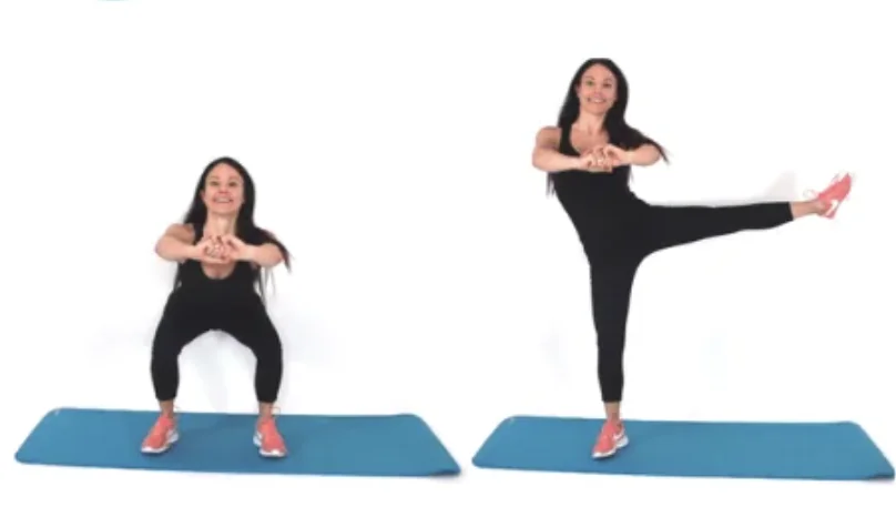 Squat With Side Leg Lift Exercise - Dr. Christina Carlyle Dr. Christina Carlyle performing a squat with a straight side leg lift on a blue mat to strengthen the glutes, inner thighs, and outer thighs for smoother looking legs.