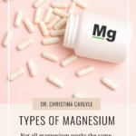 Pinterest graphic featuring a magnesium supplement bottle labeled “Mg” spilling capsules on a soft pink background. Text overlay reads “Types of Magnesium – Not all magnesium works the same. Here’s how to choose the right one for your body” by Dr. Christina Carlyle.