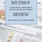 Pinterest pin for Dr. Christina Carlyle featuring a soft blue text box over a blurred functional lab report background. The pin reads “My FDN-P Functional Diagnostic Nutrition Practitioner Review” with a note about saving $1000 off enrollment and a call to learn more at christinacarlyle.com.