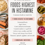 Infographic listing foods highest in histamine, including fermented foods, aged cheese, cured and processed meats, canned or smoked fish, leftovers, vinegar-based foods, tomatoes, spinach, eggplant, and avocado, with honorable mentions for alcohol, bone broth, and stress.