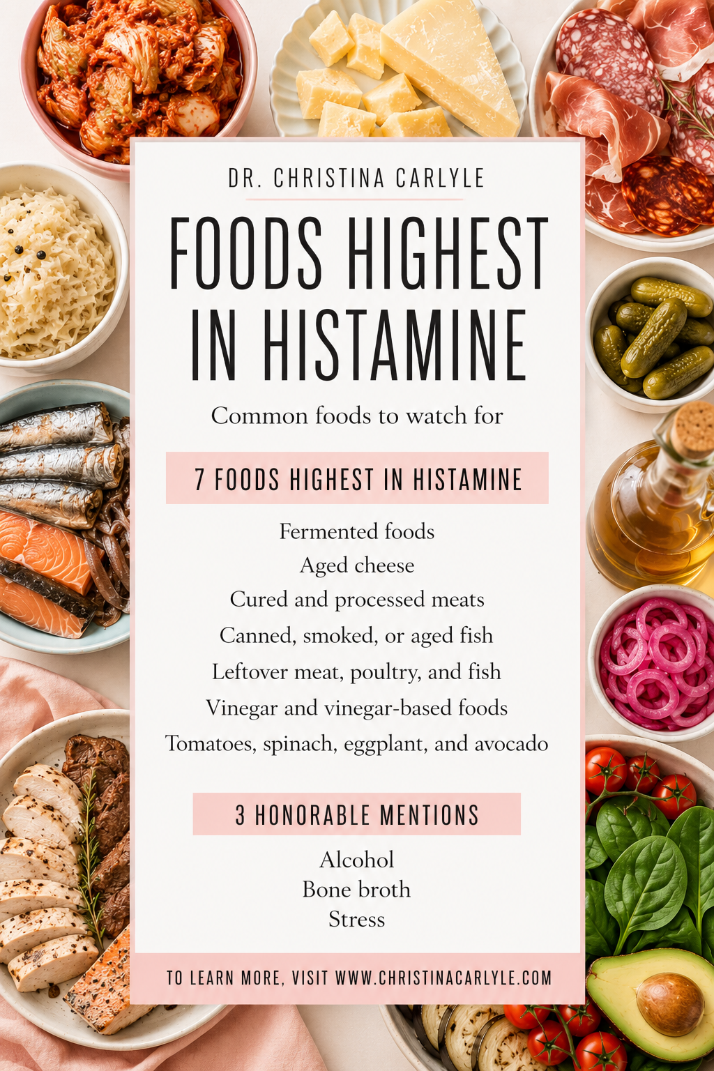 High Histamine Food List Infographic listing foods highest in histamine, including fermented foods, aged cheese, cured and processed meats, canned or smoked fish, leftovers, vinegar-based foods, tomatoes, spinach, eggplant, and avocado, with honorable mentions for alcohol, bone broth, and stress.