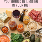 Infographic showing high histamine foods to limit in your diet including aged cheeses, cured meats, wine, vinegar, fermented foods like kimchi and sauerkraut, smoked fish, canned fish, spinach, avocados, and tomatoes.