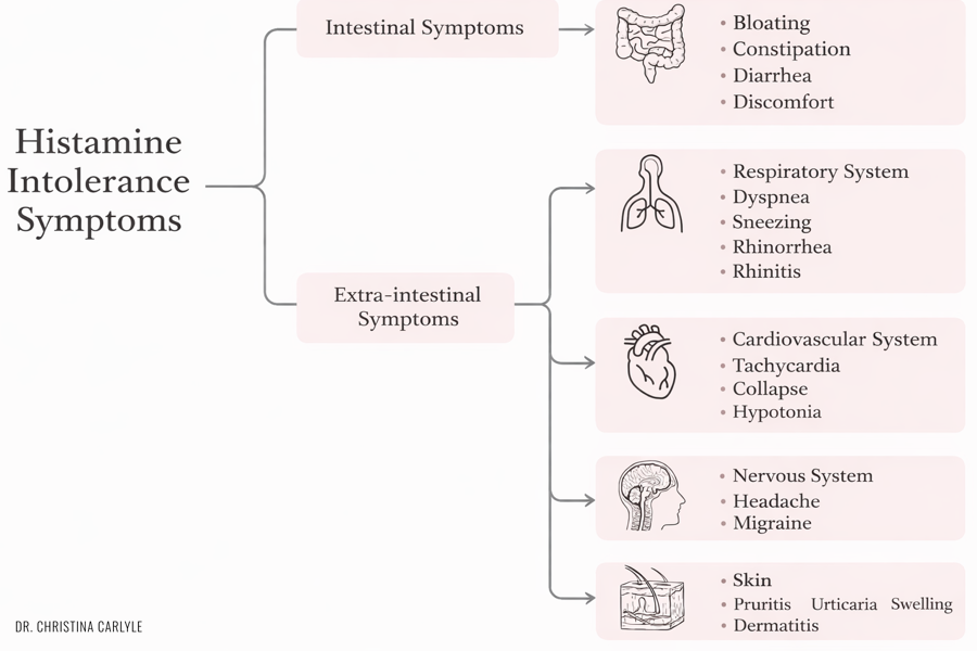 Infographic of histamine intolerance symptoms grouped by body system including digestive issues, respiratory symptoms, cardiovascular reactions, headaches, and skin inflammation.