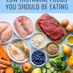 Infographic showing low histamine foods including fresh chicken, turkey, beef, cooked fish, eggs, rice, quinoa, sweet potatoes, carrots, zucchini, cucumbers, broccoli, apples, blueberries, pears, mango, olive oil, and coconut oil.