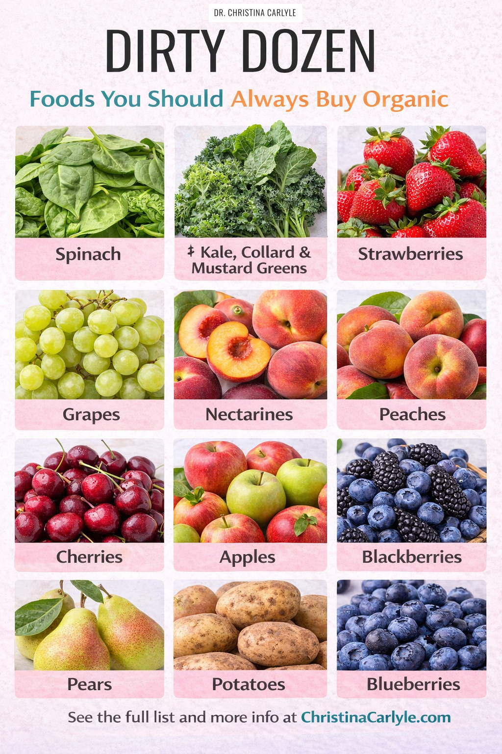 Dirty Dozen Pinterest graphic titled “Dirty Dozen” featuring a 3-by-4 grid of photos of produce that should always be bought organic: spinach, kale/collard/mustard greens, strawberries, grapes, nectarines, peaches, cherries, apples, blackberries, pears, potatoes, and blueberries. Bottom text reads, “See the full list and more info at ChristinaCarlyle.com.