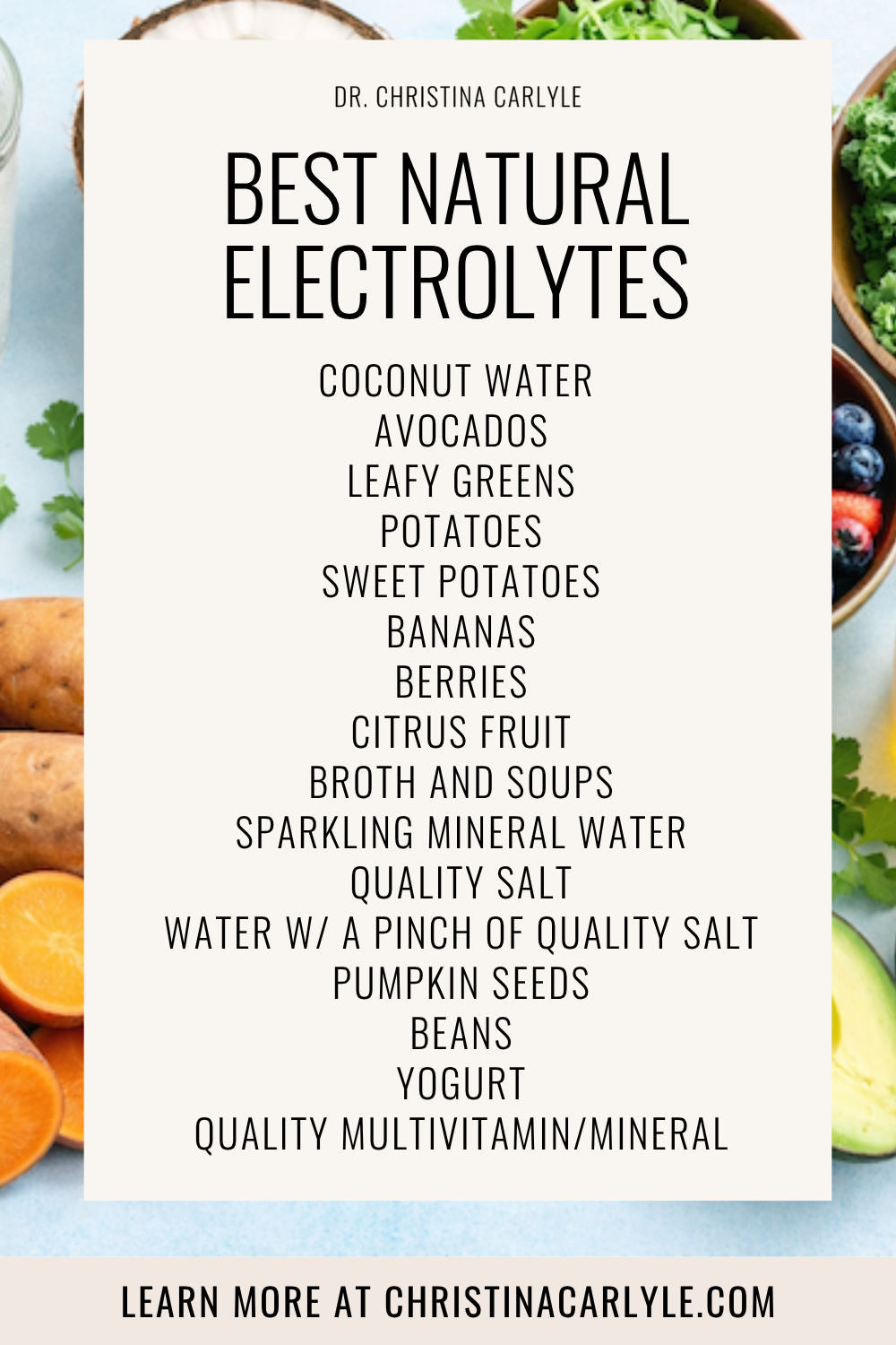 Pinterest graphic by Dr. Christina Carlyle listing the best natural electrolytes including coconut water, avocados, leafy greens, potatoes, bananas, broth, mineral water, quality salt, beans, yogurt, and a multivitamin with minerals.