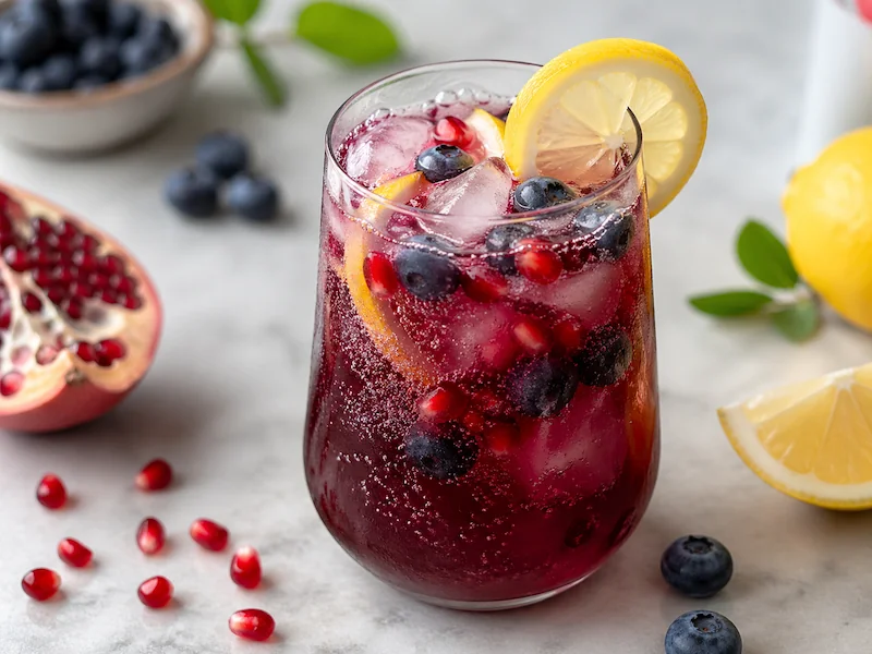 Blueberry lemon pomegranate mocktail Blueberry lemon pomegranate mocktail with blueberries, pomegranate seeds, lemon slices, and ice in a sparkling berry drink.
