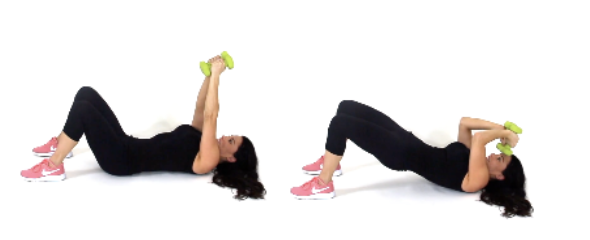 Dr. Christina Carlyle demonstrates bridge and skullcrusher, lifting into a glute bridge while lowering dumbbells toward her forehead and pressing them back up.