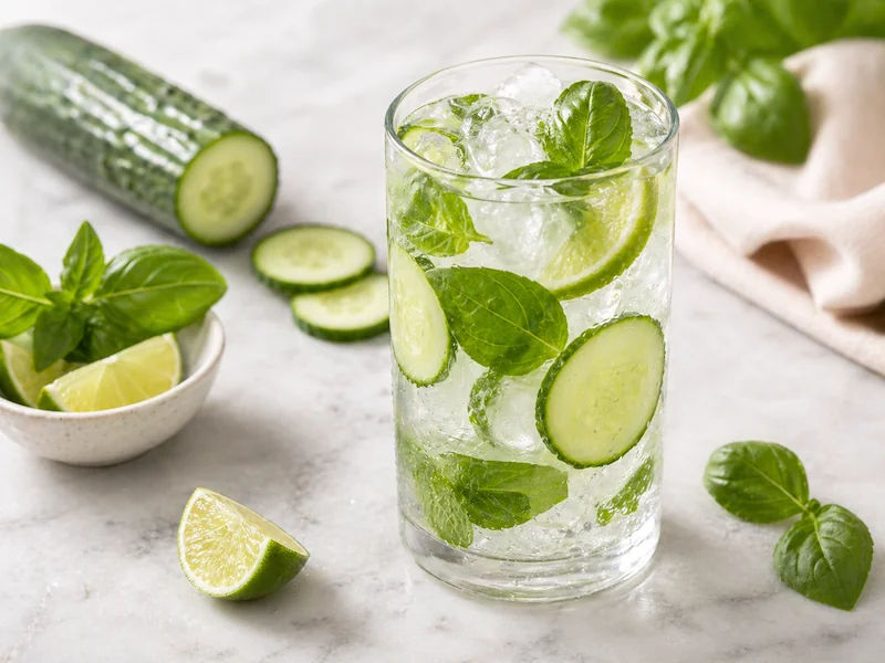 Cucumber basil aloe mocktail Cucumber basil aloe mocktail with cucumber slices, fresh basil, lime, and ice in a tall glass for a refreshing healthy spa drink.