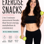 Pinterest graphic for Dr. Christina Carlyle’s article on exercise snacks, featuring a woman holding dumbbells with text that reads “Exercise Snacks: 2 to 5 minute movement breaks that boost energy, metabolism, and consistency.”