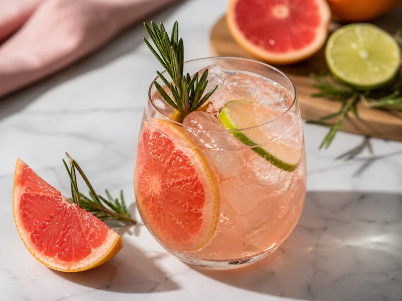 Grapefruit rosemary mocktai Grapefruit rosemary mocktail with fresh grapefruit, lime, rosemary, and ice in a light pink sparkling drink.