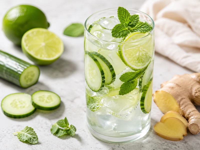 Lime cucumber digestive mocktail Lime cucumber digestive mocktail with cucumber slices, lime, mint, ginger, and ice in a refreshing healthy green drink.