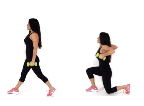 Dr. Christina Carlyle demonstrates lunge and row with dumbbells, stepping into a lunge while pulling the weights back beside her body.