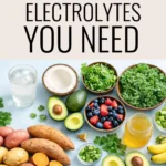 Natural electrolytes foods including avocados, sweet potatoes, bananas, berries, leafy greens, coconut water, and mineral rich drinks with text reading Natural Electrolytes You Need by Dr. Christina Carlyle.