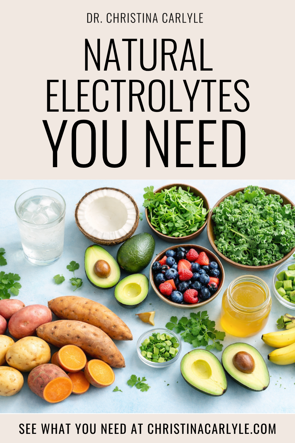 Natural electrolytes foods including avocados, sweet potatoes, bananas, berries, leafy greens, coconut water, and mineral rich drinks with text reading Natural Electrolytes You Need by Dr. Christina Carlyle.