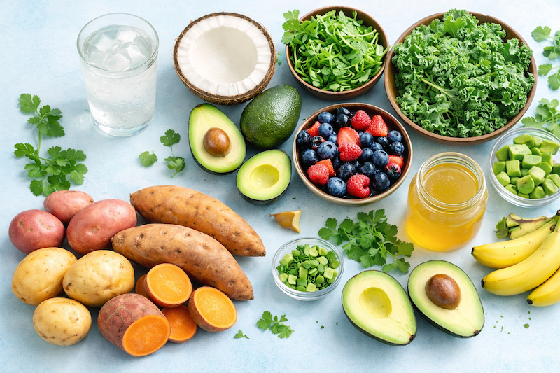 Flat lay of coconut water in a glass, avocados, leafy greens, potatoes, sweet potatoes, mixed fruit, and broth arranged on a light robin’s egg blue background in bright natural light.