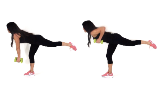 Dr. Christina Carlyle demonstrates a single leg row, balancing on one leg while hinging forward and rowing dumbbells toward her torso.