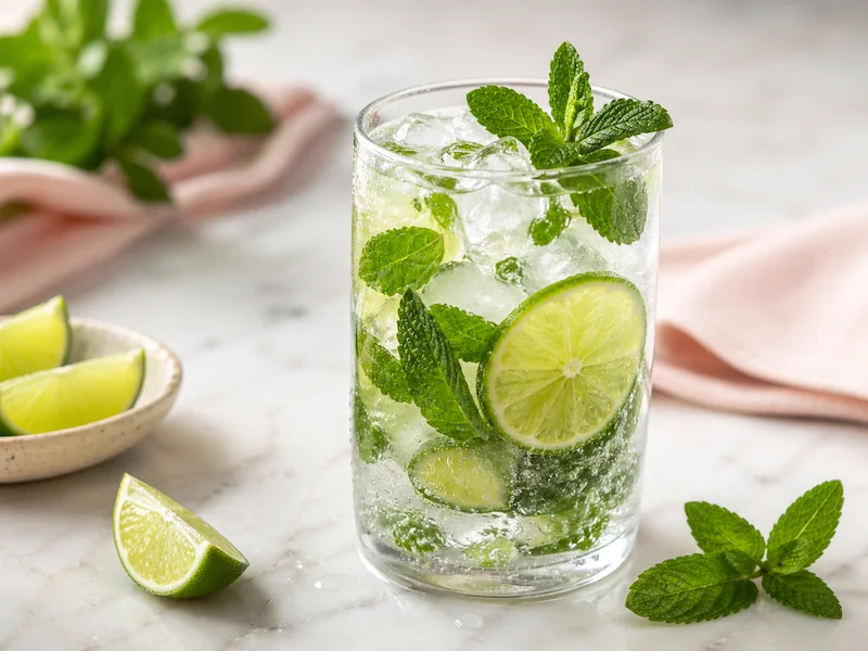 Sparkling lime mint mocktail Sparkling lime mint mocktail with fresh lime slices, mint leaves, and ice in a clear glass on a light marble background.