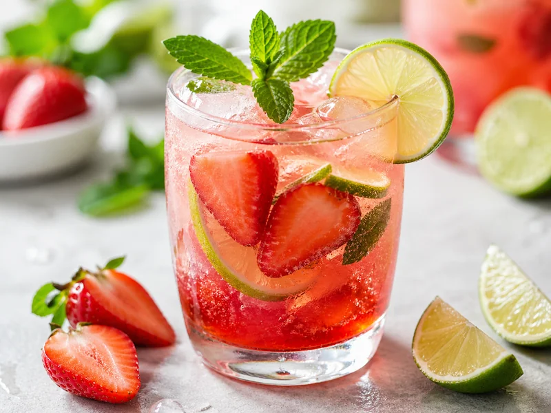 Strawberry lime mineral mocktail Strawberry lime mineral mocktail with fresh strawberries, lime slices, mint, and ice in a sparkling pink drink.