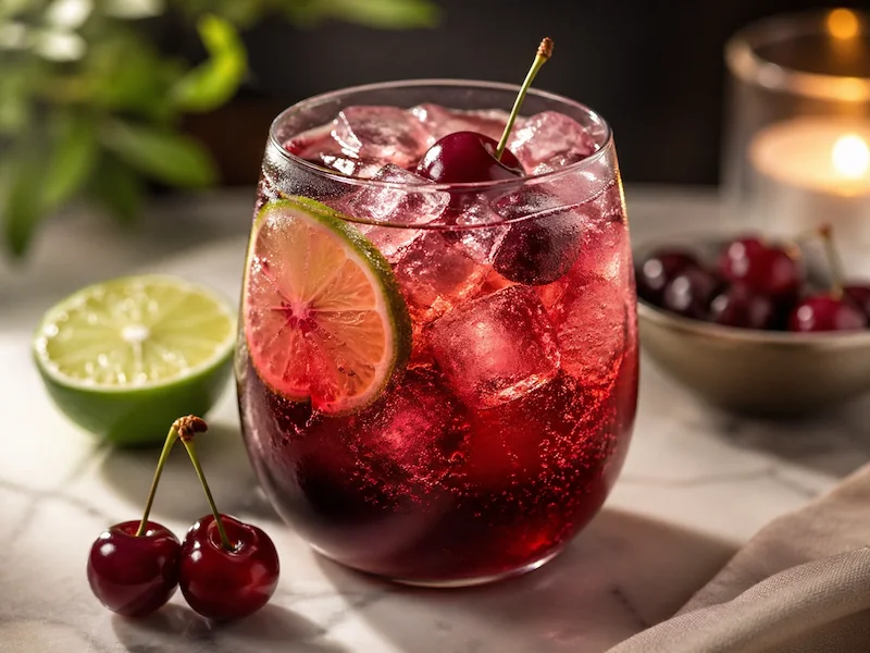 Tart cherry lime mocktail Tart cherry lime mocktail with cherries, lime, and ice in a dark red sparkling drink for an alcohol-free evening beverage.