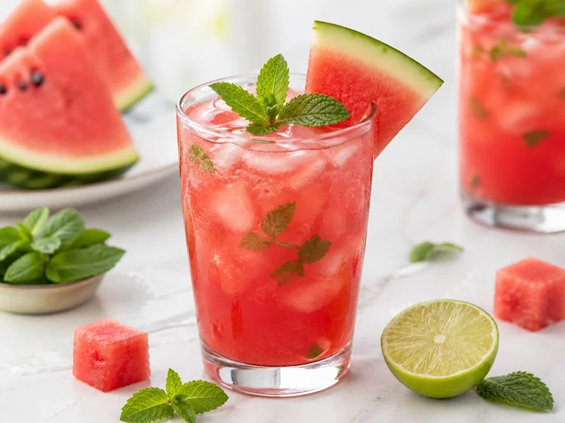 Watermelon mint mocktail Watermelon mint mocktail with fresh watermelon, lime, mint leaves, and ice in a bright red sparkling summer drink.