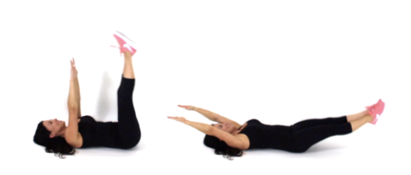 Dr. Christina Carlyle demonstrates arm and leg lifts, lying on her back with arms and legs extended and lowering them down in a controlled core exercise.