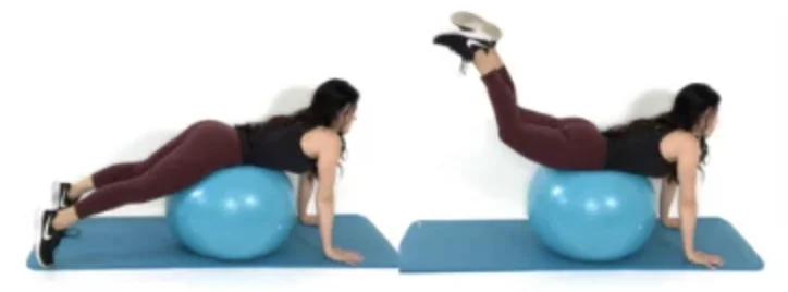 Dr. Christina Carlyle demonstrates a booty boosting leg lift on a stability ball, lifting one leg behind her to target the glutes, hamstrings, and lower back.