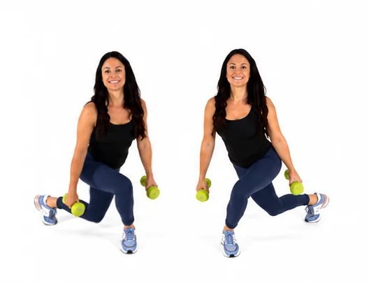 Dr. Christina Carlyle demonstrates a weighted curtsey lunge with dumbbells, crossing one leg behind the other to target the glutes, hips, thighs, and lower body.