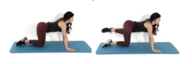 Dr. Christina Carlyle demonstrates a fire hydrant exercise on a yoga mat, lifting one bent leg out to the side to target the glutes, hips, and outer thighs.