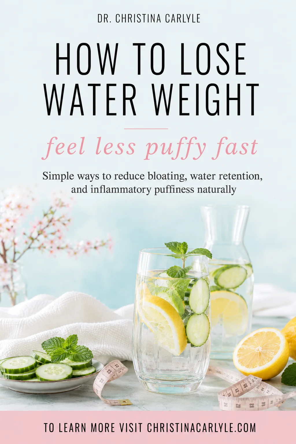How to Lose Water Weight Pinterest pin for a blog post titled “How to Lose Water Weight” featuring cucumber lemon water with mint, fresh lemons, cucumber slices, and a measuring tape on a soft blue wellness-style background with the Dr. Christina Carlyle logo.