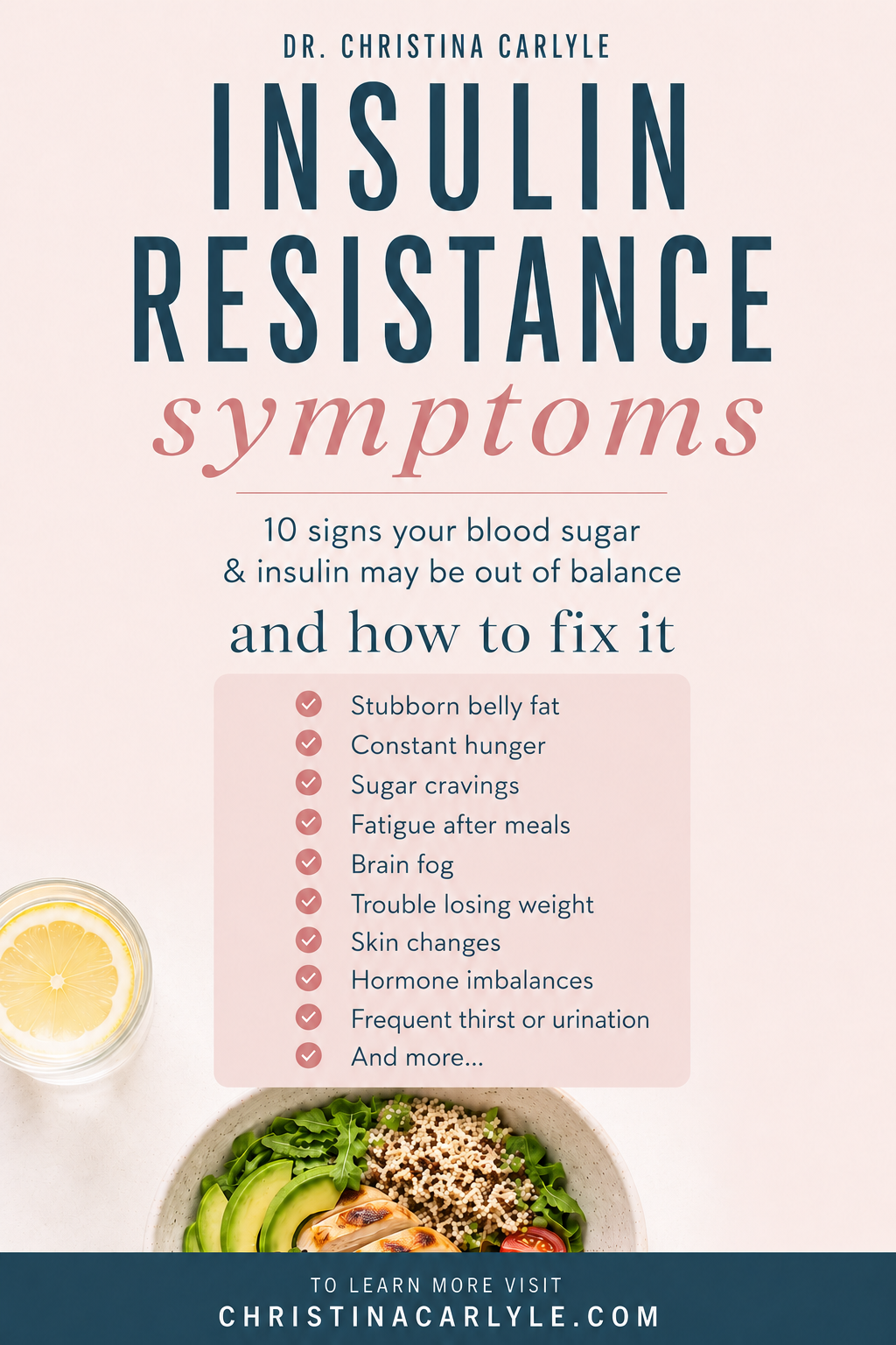 Insulin Resistance Symptoms Pinterest graphic for insulin resistance symptoms showing a checklist of signs including belly fat, constant hunger, sugar cravings, fatigue after meals, brain fog, trouble losing weight, skin changes, hormone imbalances, and frequent thirst or urination.