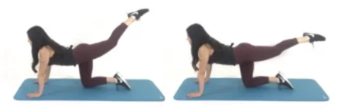 Dr. Christina Carlyle demonstrates leg pulses on a yoga mat, lifting and pulsing one leg behind her to target the glutes, hamstrings, and lower body.