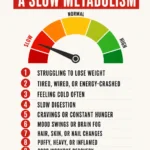 Pinterest graphic titled “10 Signs of a Slow Metabolism” with a metabolism gauge pointing to the red slow zone and a list of symptoms including trouble losing weight, low energy, feeling cold, slow digestion, cravings, brain fog, puffiness, poor workout recovery, and sleep problems.