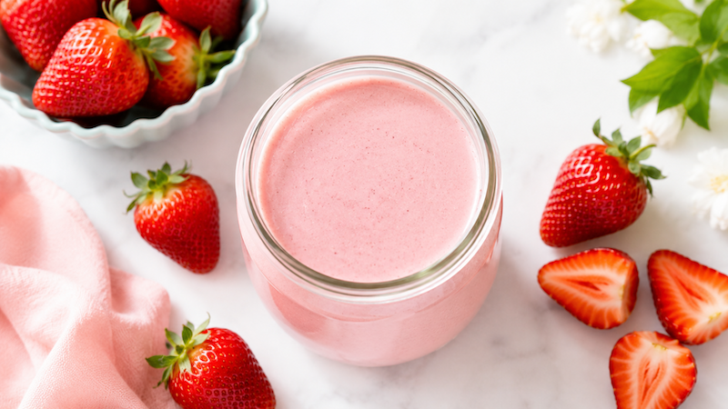 Strawberry Cream Protein Smoothie Strawberry cream breakfast smoothie in a glass jar with fresh whole and sliced strawberries on a bright white marble background.